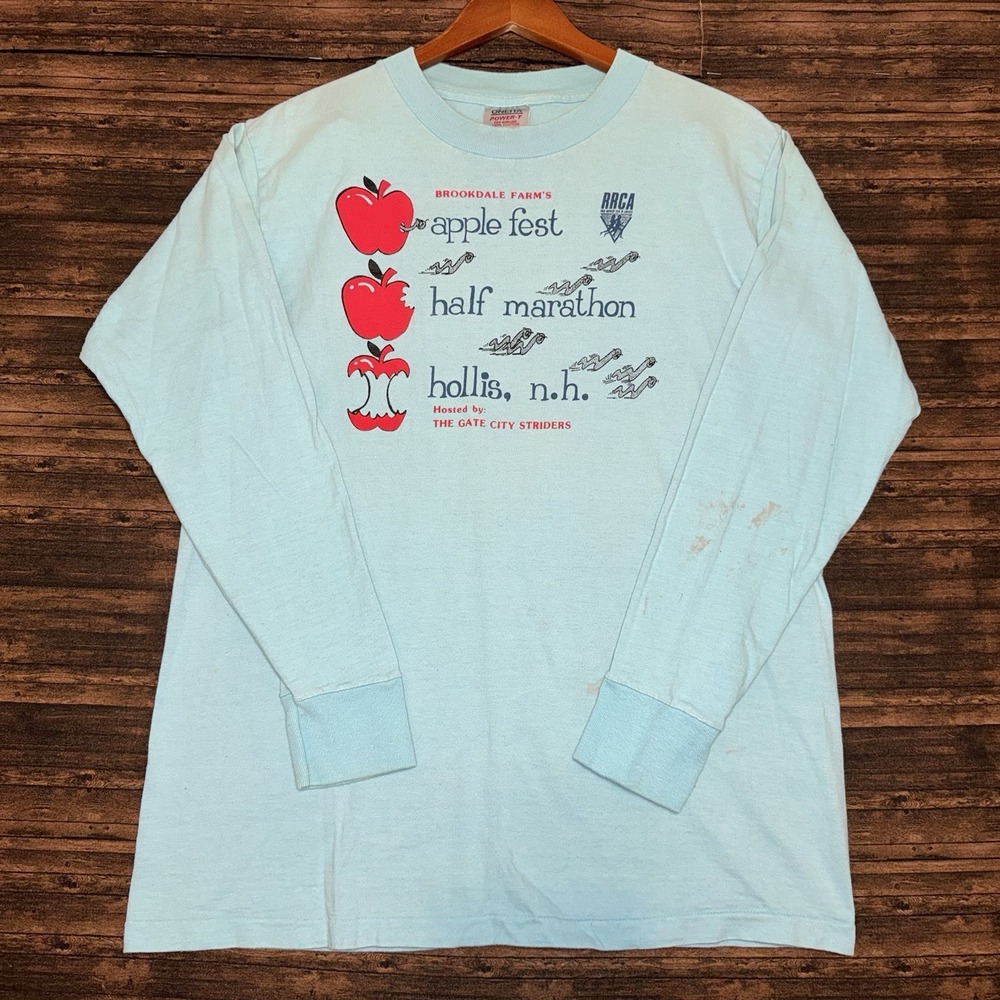 Oneita T Shirt Mens L Blue Vintage 80s Brookdale Farm Apple Fest LS